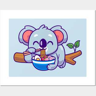 Cute Koala Eating Ramen On Branch Cartoon Posters and Art